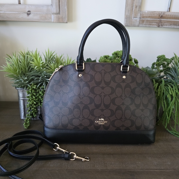 Coach Sierra Satchel In Brown Signature Coated Canvas With Black Leather Trim - Picture 1 of 13